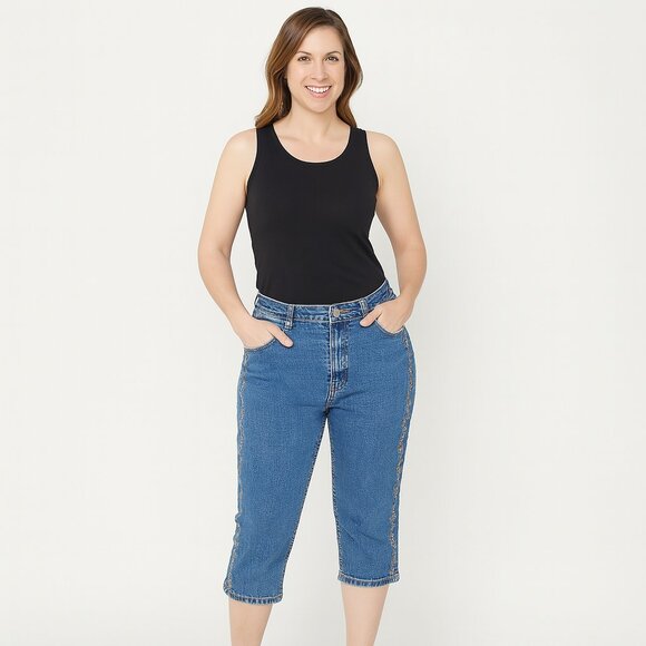 JeanBay Embroidered Denim Jeans | Size 12 | Boho Chic Cropped Fit - Picture 1 of 8